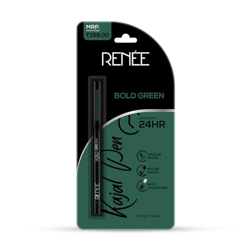RENEE Kajal Pen with Sharpener - Bold Green 0.35gm 24 Hrs Stay Long Lasting Kohl Pencil, Matte Finish, Rich Color Payoff, Smudge & Water Proof with One Swipe Application Formula - Beauty from RENEE - Shop in Sri Lanka at Arcade.lk