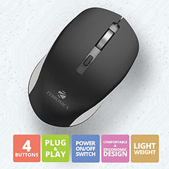 ZEBRONICS ZEB-JAGUAR Wireless Mouse, 2.4GHz with USB Nano Receiver, High Precision Optical Tracking, 4 Buttons, Plug & Play, Ambidextrous, for PC/Mac/Laptop (Black+Grey) - Personal Computer from ZEBRONICS - Shop in Sri Lanka at Arcade.lk