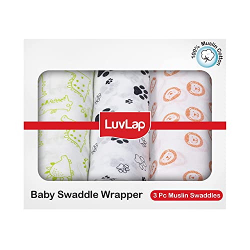 LuvLap 100% Cotton Muslin Baby Swaddle Set, Pack of 3, Size-120cm x 100cm (47"x39"), Animals Printed on White, 0-18 Month+, Printed Mulmul Muslin Swaddle Wrap for New Born Baby - Baby Product from LuvLap - Shop in Sri Lanka at Arcade.lk