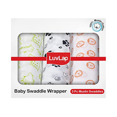 LuvLap 100% Cotton Muslin Baby Swaddle Set, Pack of 3, Size-120cm x 100cm (47"x39"), Animals Printed on White, 0-18 Month+, Printed Mulmul Muslin Swaddle Wrap for New Born Baby - Baby Product from LuvLap - Shop in Sri Lanka at Arcade.lk