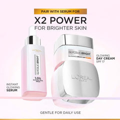 L'Oreal Paris Glycolic Bright Glowing Day Cream, Overnight Brightening Cream, Glycolic Acid in Gel-Like Cream Texture, that Visbily Minimizes Spots & Reveals Glowing skin, 15ml
