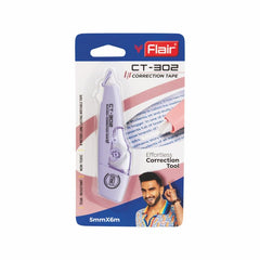 FLAIR CT 302 Correction Tape | Non-Toxic & Tear Resistant | 5mm x 6m | Pack of 2 - Body Color May Vary