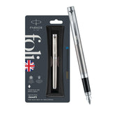 Parker Folio Stainless Steel Chrome Trim Fountain Pen With 1 Ink Cartridge Free | Corporate Gift | Ideal For Professional Use
