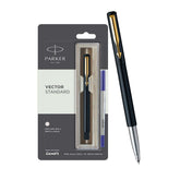 Parker Vector Standard Gold Trim Roller Ball Pen | Ink Color - Blue | Black Body Color | Ergonomic Design | Built for Long Writing Sessions
