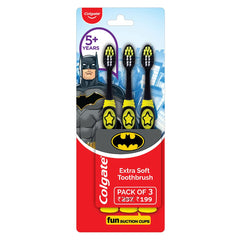 Colgate Kids Batman Manual Toothbrush, Extra-soft Bristles and Built-in Tongue Cleaner, Compact Head and Non-Slip Handle (Pack of 3)
