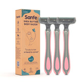 Sanfe Shea Butter Body Razor for Women's Hair Removal-Pack of 3 with New No Cut & Bumps Tech | Safe Titanium Blades | Comfort Grip | Safe For Bikini Area | Instant Pain-Free Hair Removal