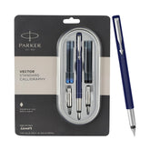 Parker Vector Standard Chrome Trim Calligraphy Fountain Pen | 7-Piece Set containts 2 Nibs, 2 Blue & 2 Black Ink Cartridges | Ideal for Creative Writing & Fine detailing
