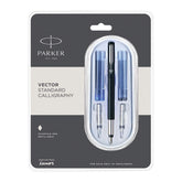 Parker Vector Standard Chrome Trim Calligraphy Fountain Pen| Black Body Color with 4 Ink Cartridges (2 Blue + 2 Black) | Gift for Artists | Perfect for Creative Endeavors