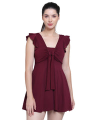 Women Front Tie Knot Ruched Frock Style Padded One Piece Swimming Costume