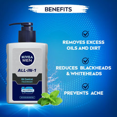 NIVEA MEN All in 1 Oil Control Face Wash | Prevents Acne | Removes excess oil and dirt | Reduces Blackheads and Whiteheads | Cooling Menthol | Unclogs & refines pores | 150ml