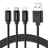 Ambrane Unbreakable 3 in 1 USB Fast Charging USB Cable with Type C, Lightning, Micro USB Port with 2.1 A, Compatible with iPhone, iPad, Android, 1.25M (Trio-11, Black)