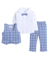 BUMZEE Beige & Navy Boys Full Sleeves Shirt Waistcoat & Pant Set with Applique Bow (Peb8050)