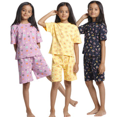 T2F Girls Cotton Printed DropShoulder Ovesized Fit T-Shirt and Shorts Clothing Set (Pack of 3)