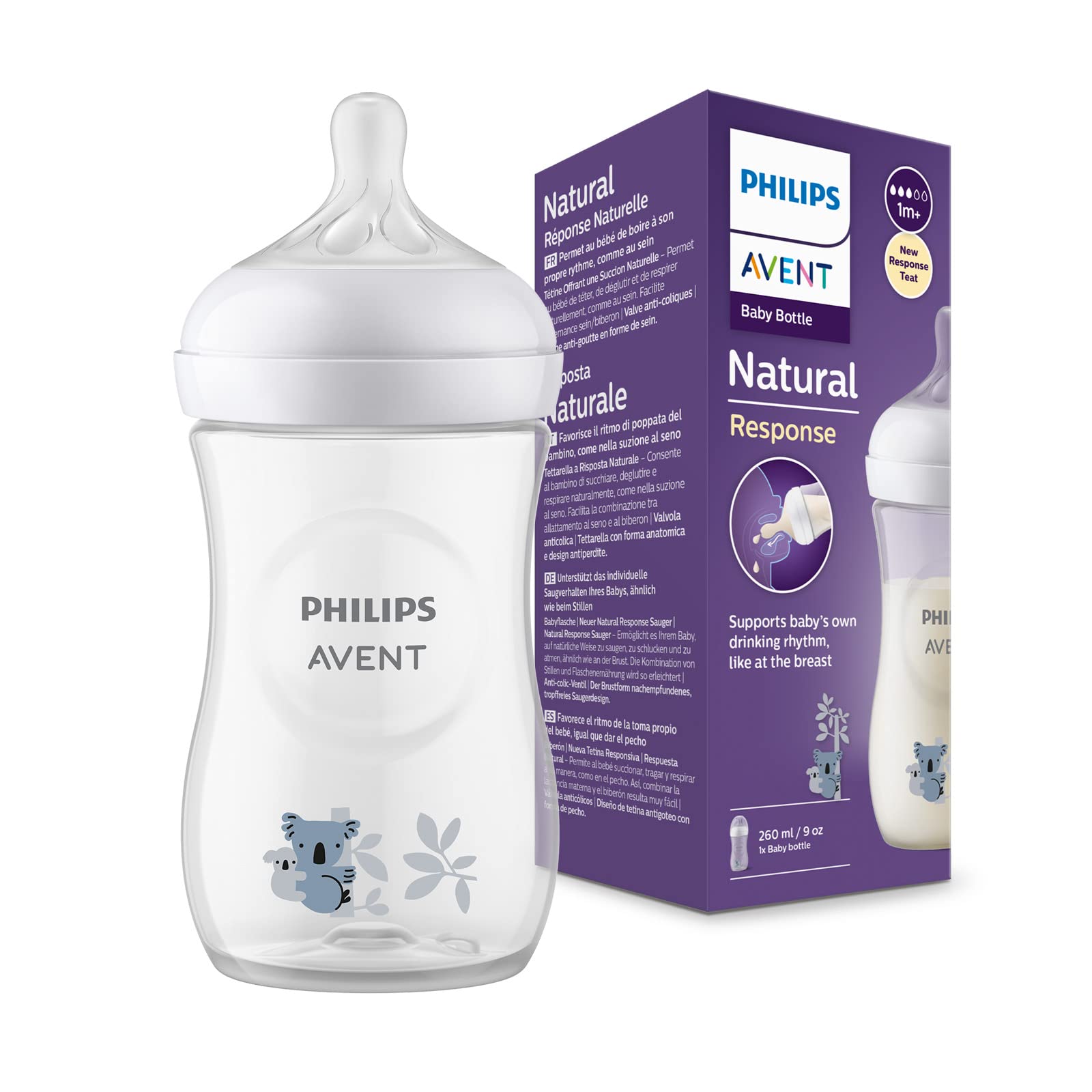 Philips Avent Natural Response Baby Feeding Bottle - 260ml Baby Milk Bottle, BPA Free with Babies 1Month+ Teat (260ml Koala Bear Print) - Baby Product from AVENT - Shop in Sri Lanka at Arcade.lk