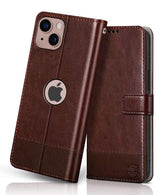 FLIPPED Vegan Leather Flip Case Back Cover Compatible with iPhone 13 | iPhone 14 (Flexible, Shock Proof | Hand Stitched Leather Finish | Card Pockets Wallet & Stand | Tan with Brown)