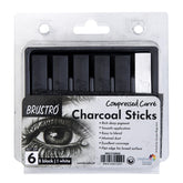 Brustro Artist Compressed Carre Charcoal Sticks - Set of 6 (5 Black & 1 White Stick) | Ideal for Portrait Charcoal Art, Sketching, Shading, Blending, Drawing, Craft, Professional use.