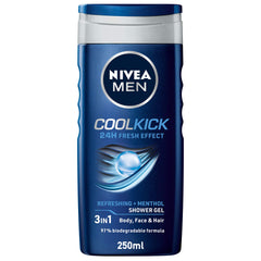 NIVEA MEN Cool Kick 250ml Body Wash| Shower Gel for Face, Body & Hair| Refreshing Icy MENthol|24 H Freshness |For All Skin & Hair Types