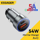 Essager 54W Car Charger | 5A Fast Charging | USB-C PD 3.0 & QC 3.0 | SCP Support | Dual USB Car Charger for Xiaomi, Samsung & iPhone