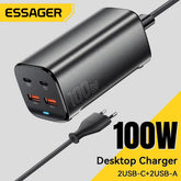 Essager 100W USB-C GaN Desktop Charger | QC 4.0 / QC 3.0 Fast Charging | Type-C Power Adapter for iPhone 15, MacBook, Samsung & Laptops