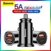 Baseus 30W Fast Car Charger (USB-A + USB-C) — QC4.0 / QC3.0 / PD3.0 / PPS / SCP / AFC Support, 5A Dual-Port Auto USB Charger for iPhone, Xiaomi, Samsung & More