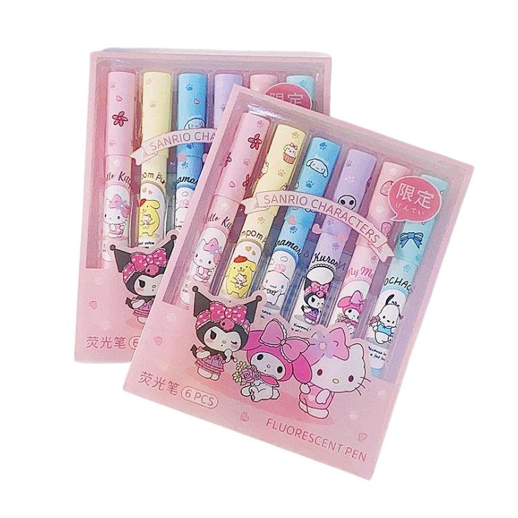 6Pcs Sanrio Hello Kitty Highlighter Pen Set | Kawaii Kuromi Melody Cinnamoroll Art Fluorescent Marker Pens - from Generic - Shop in Sri Lanka at Arcade.lk