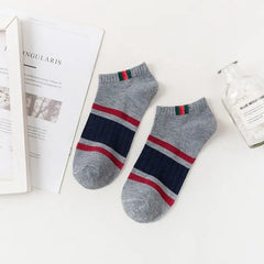 5 Pairs Men's Casual Boat Socks, Sweat-Absorbing & Breathable, Vertical & Parallel Bar Design, Comfortable Low-Cut Tube Socks