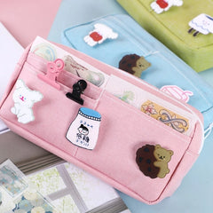 Kawaii World Canvas Pencil Case | Cute Animal Badge Pink Pencil Cases | Large School Pencil Bags