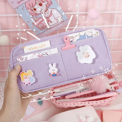 Kawaii World Canvas Pencil Case | Cute Animal Badge Pink Pencil Cases | Large School Pencil Bags