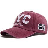 NYC Classic Street Style Washed Vintage Baseball Cap, Solid Color with Duckbill Patch Design, Burgundy
