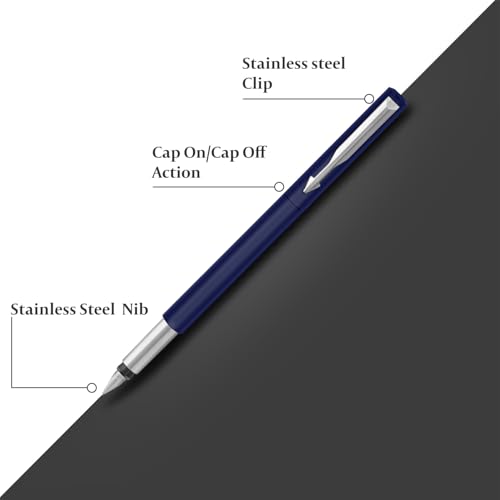 Parker Vector Standard Chrome Trim Calligraphy Fountain Pen | 7-Piece Set containts 2 Nibs, 2 Blue & 2 Black Ink Cartridges | Ideal for Creative Writing & Fine detailing