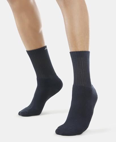 Jockey Men's Calf Length Sports Cotton Socks (Pack of 3) 7035_Black/Midgrey Mel/Navy_Free Size
