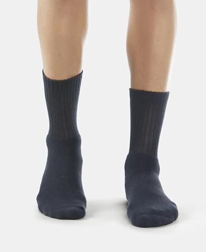 Jockey Men's Calf Length Sports Cotton Socks (Pack of 3) 7035_Black/Midgrey Mel/Navy_Free Size