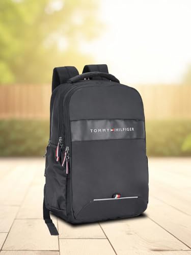 Tommy Hilfiger Joshua Polyester Unisex 15 Inch Laptop Backpack - Black | 21 Ltr Capacity| Padded & Adjustable Strap | Water Resistant | 3 Compartment | Water Bottle Holder | USB Cable holder Pocket