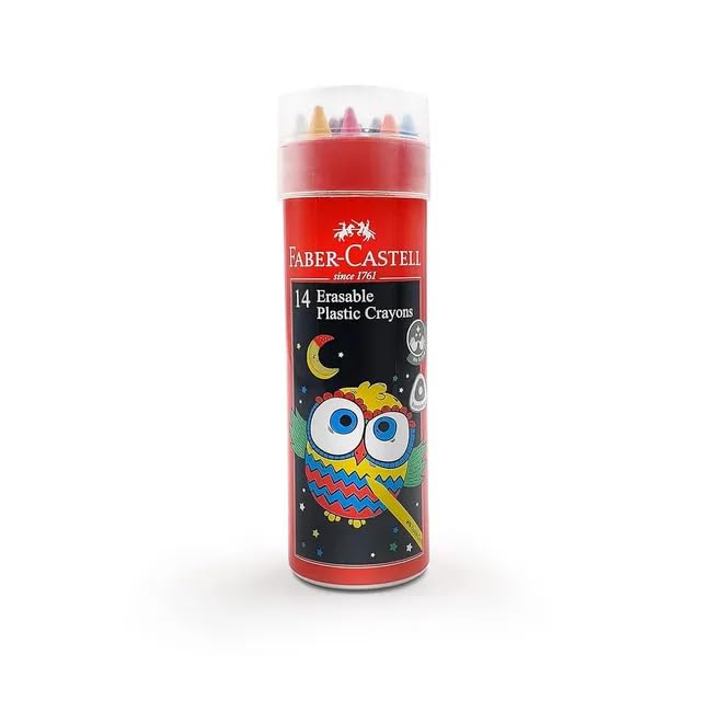 Faber-Castell Erasable Plastic Crayons Tin – Pack of 12 + 2 Metallic Shades | Smooth, Break-Resistant Colour Crayons | Non-Toxic & Child-Safe Crayons for Kids