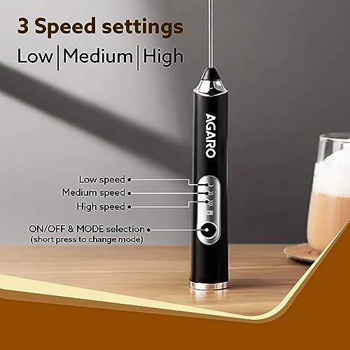 AGARO Royal Milk Frother, 3-Speed Electric Frother for Coffee with Whisk and Frother, Frother Mixer, Stand-up Design, for Cream (Whisk Milk frother), Rechargeable, Stainless Steel