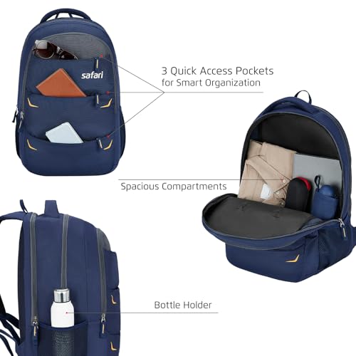 Safari Omega Pro 35L Laptop Backpack With Raincover, 3 Compartments, Bottle Holder, Organizer, School Bag For Boys And Girls, College Bag For Unisex, Office Bag, Travel Bag, Color- Blue