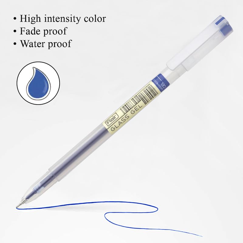 FLAIR Glass Gel Pen Wallet Pack | Tip Size 0.6 mm | Water Proof Ink For Smooth Flow System | Low-Viscosity Ink For Smudge Free Writing | Blue Ink, Pack Of 20