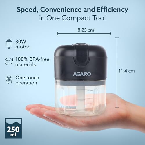 AGARO Elite Rechargeable Mini Electric Chopper, Food Grade Bowl, Stainless Steel Blades, One Touch Operation, for Mincing Garlic, Ginger, Onion, Vegetable, Meat, Nuts, 250 Ml, Black