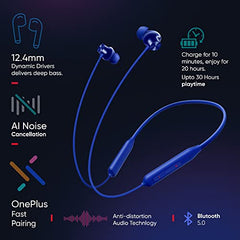 OnePlus Bullets Bluetooth Wireless in Ear Z2 Earphones with Mic, Bombastic Bass, 12.4 mm Drivers, 10 Mins Charge, 20 Hrs Music, 30 Hrs Battery Life, IP55 Dust & Water Resistant (Beam Blue)