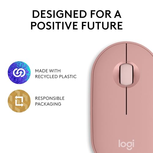 Logitech Pebble Mouse 2 M350s Slim Bluetooth Wireless Mouse, Portable, Lightweight, Customisable Button, Quiet Clicks, Easy-Switch for Windows, macOS, iPadOS, Android, Chrome OS - Tonal Rose