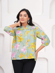 Rimika's Pure Cotton Sage Green Floral top Regular Fit with 3/4th Sleeves, Mandarin Collar, Front Button, Perfect for Casual, Formal, and Ethnic Wear