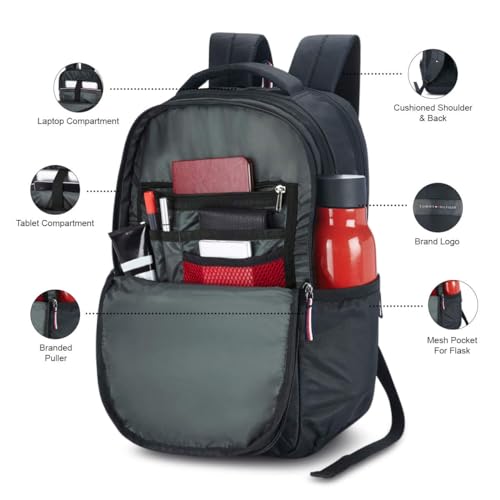 Tommy Hilfiger Joshua Polyester Unisex 15 Inch Laptop Backpack - Black | 21 Ltr Capacity| Padded & Adjustable Strap | Water Resistant | 3 Compartment | Water Bottle Holder | USB Cable holder Pocket