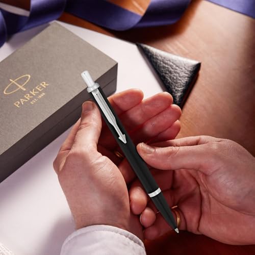 Parker Latitude Matte Black Chrome Trim Ball Pen | Blue Ink | Black Body Color | Sleek and streamlined design with a refined finish