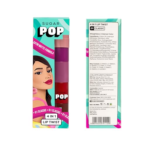 SUGAR POP 4 in 1 Lip Twist - 01 Classic | Multi-use Stackable Lipsticks for Women | Satin Matte Hydrating Formula | 6.4g