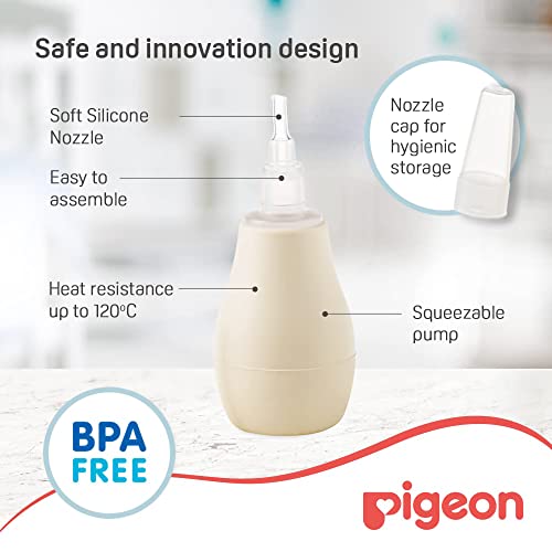 Pigeon Nose cleaner Aspirador Nasal,For 0+ Month Babies,BPA Free,Soft Silicone Nozzle,Squeezable Pump,Soft Safety Nozzle, White and Cream - Baby Product from Pigeon - Shop in Sri Lanka at Arcade.lk