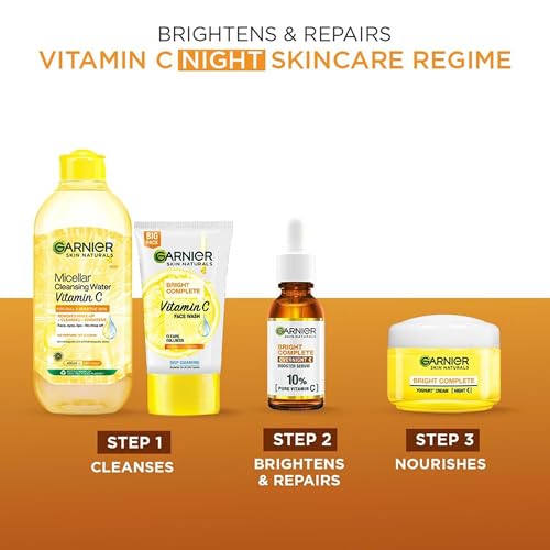 Garnier Bright Complete Night Vitamin C Serum With 10% Pure Vitamin C for Bright Skin, PM Routine Vitamin C Serum Suitable For All Skin Types, 30ml