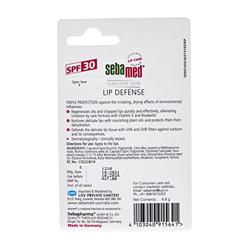 Sebamed Lip Defense Lip balm with SPF 30 + Vit E | Regenerates dry, chapped lips quickly & effectively | Intensive care with Vit E, Jojoba Oil & Chamomile | For Men & Women  l 4.8 gm