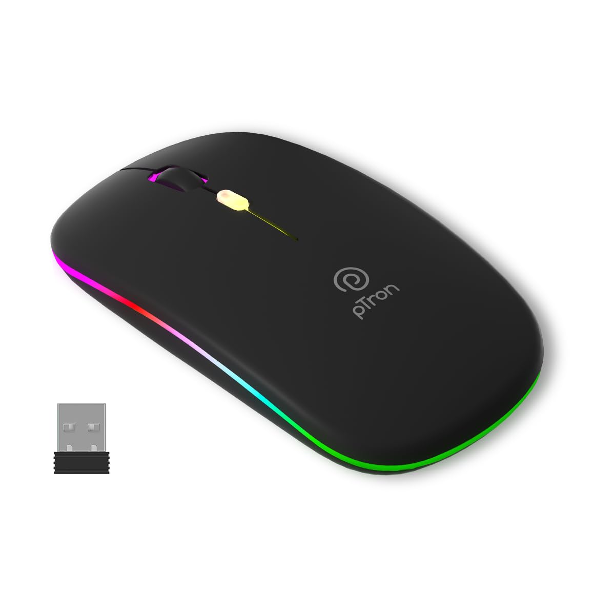 pTron Flick M1 Slim Wireless Mouse w/Rechargeable Battery, Dual Connectivity 2.4Ghz & BT, 4 Buttons, 1000/1200/1600 DPI, Vivid LED Lights, Silent Operation, Plug & Play, Type C Charging (Black)