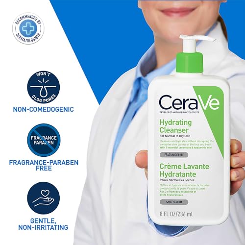 CeraVe Hydrating Cleanser For Normal To Dry Skin (236ml) - Non-Foaming Face Wash with Hyaluronic Acid And Ceramides | Non-Comedogenic, Non-Irritating And Fragrance-Free Cleanser