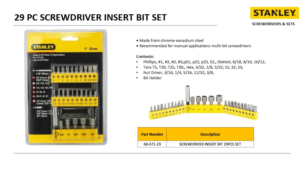 STANLEY 68-071-23 26-Piece Insert-Bit Chrome-Vanadium Screwdriver Set for Home, DIY, Professional & Industrial Use Ideal for Carpentry, Mechanical, Electrical & Plumbing Tasks, YELLOW & BLACK